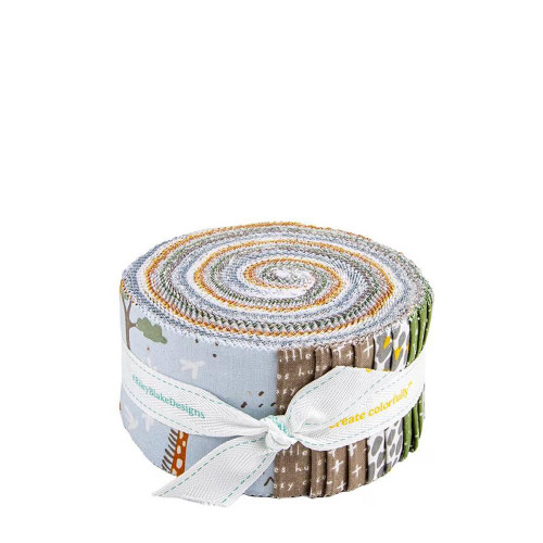 Riley Blake Fabrics Leo and Savannah Deena Rutter 2.5 Inch Rolie Polie, 40 Pcs, coiled fabric bundle with colorful patterned fabrics from the collection.
