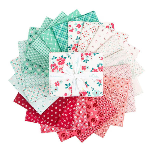 Riley Blake Fabrics Berry and Sage Lori Holt Fat Quarter Bundle, 21 Pcs, assorted quilting fabric pieces with floral and checkered patterns in pink, red, green, and white colors.