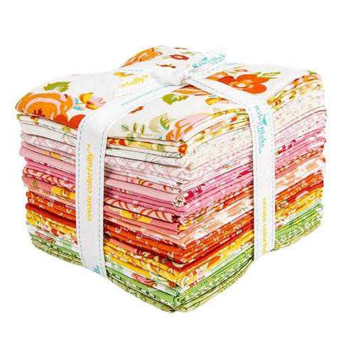 Riley Blake Fabrics Peach Cobbler Lily Asbury Fat Quarter Bundle, 21 Pcs, a neatly stacked bundle of colorful fabric squares with floral and citrus patterns in pink, orange, green, and white.