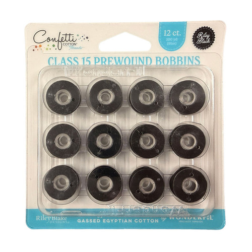 Riley Blake Fabrics Confetti Cotton Thread Prewond Bobbin Size 15 - 12 Bobbins Riley Black