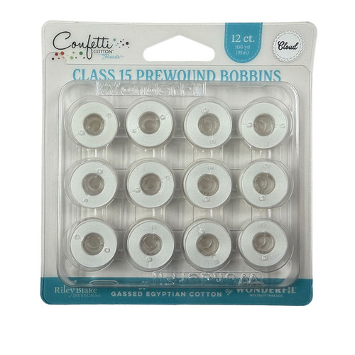 Riley Blake Fabrics Confetti Cotton Thread Prewond Bobbin Size 15 - 12 Bobbins Cloud White