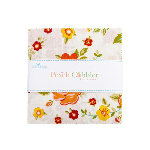 Riley Blake Fabrics Peach Cobbler Lily Asbury 5 Inch Stacker, 42 Pcs, featuring a floral fabric bundle with colorful flowers on a light background.