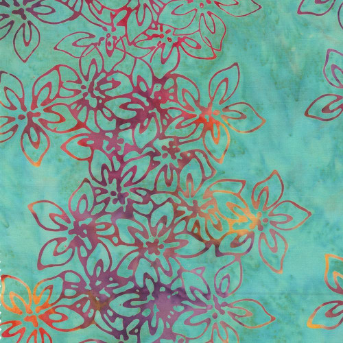 Windham Fabrics Anthology Batiks Kashmir Jacqueline de Jonge Azaleas Aqua, fabric featuring a vibrant floral pattern with purple outlines and orange accents on a light aqua background.