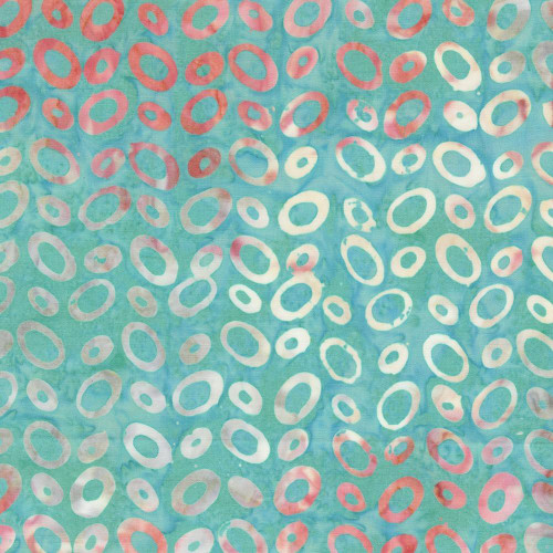 Windham Fabrics Anthology Batiks Kashmir Jacqueline de Jonge Ovals Aqua, textile with aqua background and pink and white oval patterns.