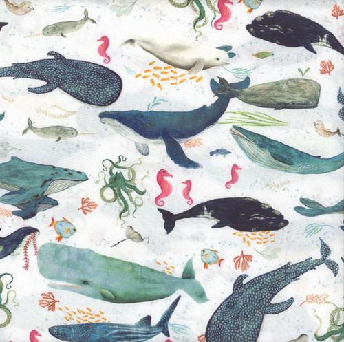Windham Fabrics Deep Blue Katherine Quinn Cream Foam Creatures of the Sea Whales Narwhals Octopus