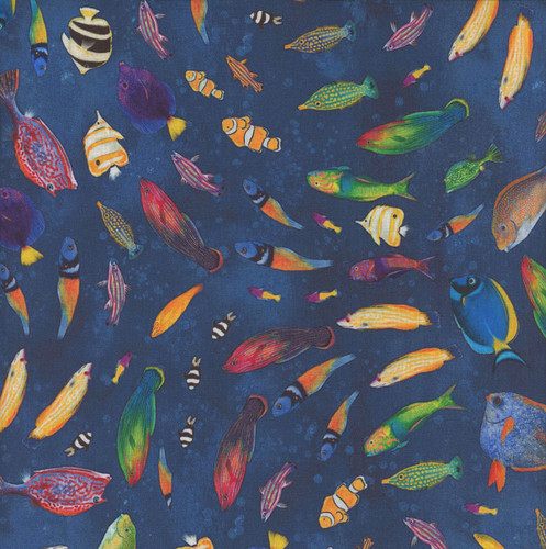 Windham Fabrics Deep Blue Katherine Quinn Blue Shoals Swirling Fish