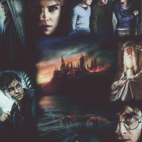 Benartex Fabrics Harry Potter Black Hogwarts Moments, a quilt fabric featuring scenes from Harry Potter including Hogwarts castle, Harry Potter characters, and magical elements in dark and vibrant colors.