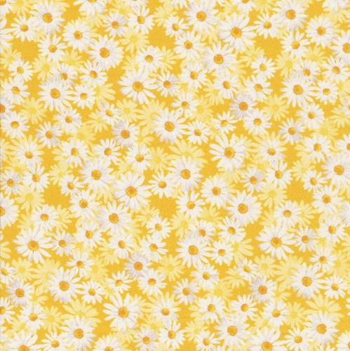 Benartex Fabrics 108 Inch Wide Quilt Backing Yellow Daisy Dance Floral, a floral fabric featuring white daisies with yellow centers on a bright yellow background.
