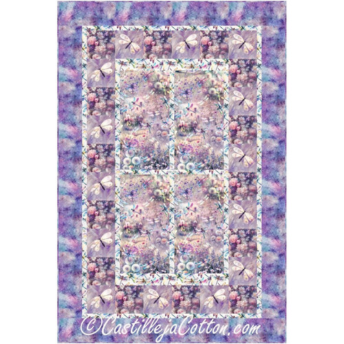 Hoffman Fabrics Dragonflies and Wildflowers Quilt Kit, a colorful patchwork quilt featuring dragonflies, wildflowers, and floral patterns in shades of purple, pink, and blue.