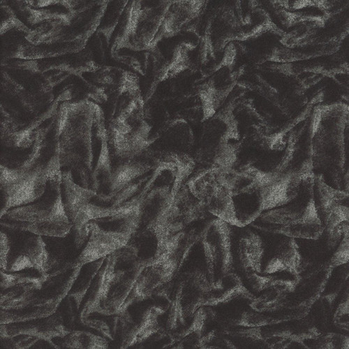Blank Quilting Fabrics Opulent 108 Inch Wide Crushed Velvet Textured Flannel Black Charcoal Grey, close-up of black and charcoal grey crushed velvet fabric with textured, wrinkled appearance.