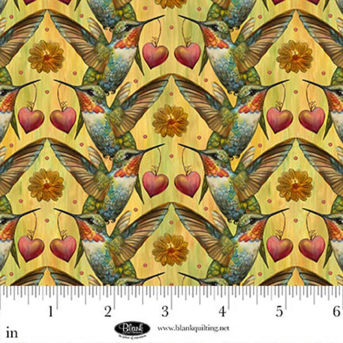 Blank Quilting Fabrics Enchanted Canopy Yellow Hummingbirds with Hearts - close-up of a colorful fabric pattern featuring hummingbirds, hearts, and flowers on a yellow background, with a ruler at the bottom showing inches for scale.