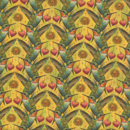 Blank Quilting Fabrics Enchanted Canopy Yellow Hummingbirds with Hearts