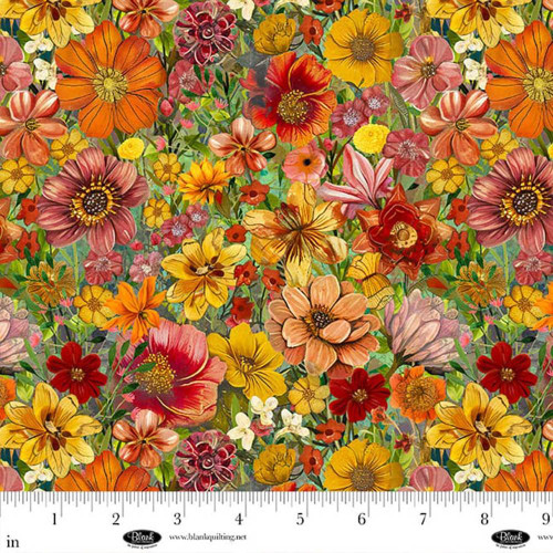 Blank Quilting Fabrics Enchanted Canopy Persimmon Orange Allover Flowers, vibrant floral pattern with orange, yellow, pink, and red flowers and green leaves.