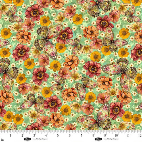 Blank Quilting Fabrics Enchanted Canopy Teal Blue Butterflies with Flowers, colorful floral print with butterflies, ideal for quilting and craft projects.