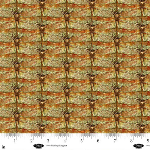 Blank Quilting Fabrics Enchanted Canopy Amber Gold Dragonflies, a fabric with a detailed pattern of amber and gold dragonflies with green accents.