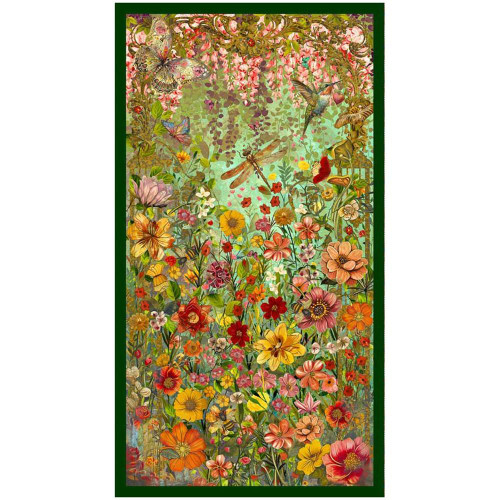 Blank Quilting Fabrics Enchanted Canopy Teal Blue Garden Floral Panel, vibrant fabric panel featuring a lush garden scene with colorful flowers, butterflies, and dragonflies in a teal and green palette.