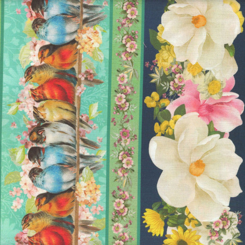 Blank Quilting Fabrics Birds and Blooms Multi Stripe with Birds and Flowers