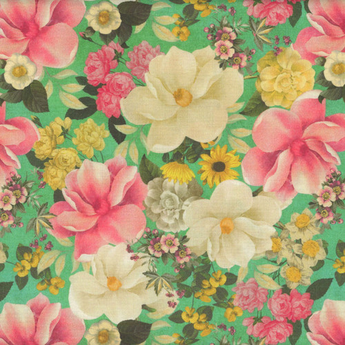 Blank Quilting Fabrics Birds and Blooms Turquoise Blue Floral