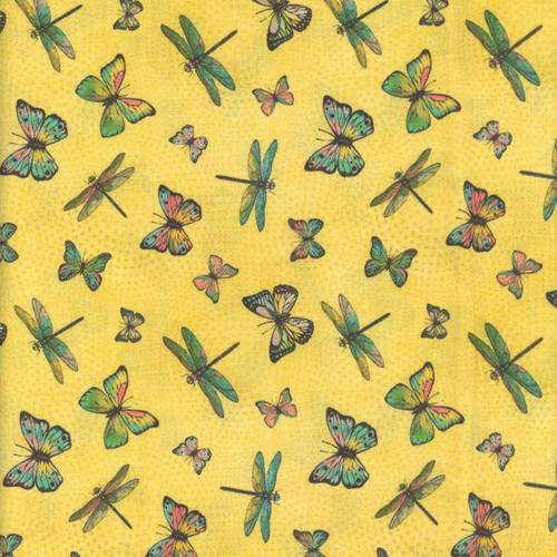 Blank Quilting Fabrics Birds and Blooms Yellow Butterflies and Dragonflies