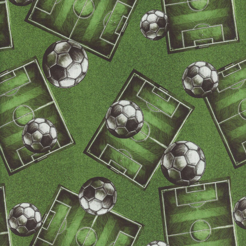 Blank Quilting Fabrics Goalbound World Cup Soccer Green Soccer fields with Soccer Balls