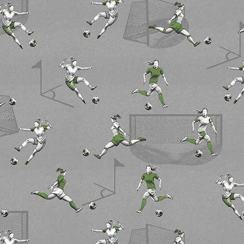 Blank Quilting Fabrics Goalbound World Cup Soccer Grey Lady Soccer Players