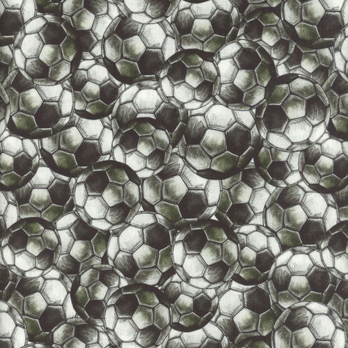 Blank Quilting Fabrics Goalbound World Cup Soccer Charcoal Grey Soccer Ball Collage