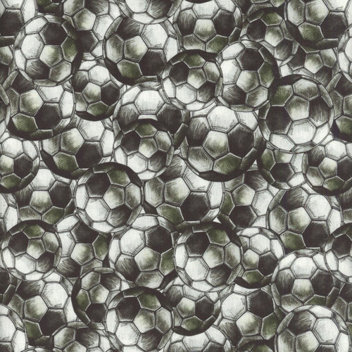 Blank Quilting Fabrics Goalbound World Cup Soccer Charcoal Grey Soccer Ball Collage