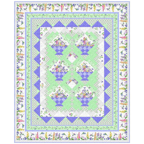 Wilmington Prints Fabrics Floral Flutter Susan Winget Baskets Quilt Kit, floral and basket pattern quilt with pastel green, purple, and white colors featuring floral and bird designs.