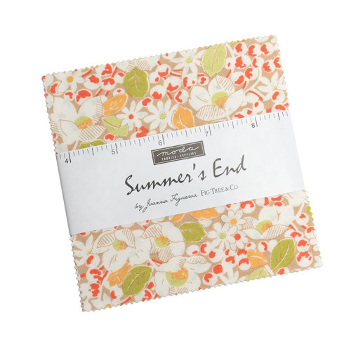 Moda Fabrics Summers End Fig Tree Co Charm Pack 5 Inch Squares, fabric bundle with floral and leaf print in pastel colors.