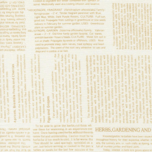 Moda Fabrics Summers End Fig Tree Co Almond Pie Tan Garden Collage Words, close-up of fabric pattern with text and earthy tones.