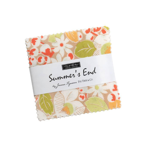 Moda Fabrics Summers End Fig Tree Co Mini Charm 2.5 Inch Squares, colorful fabric bundle with floral and leaf patterns for quilting and sewing projects.