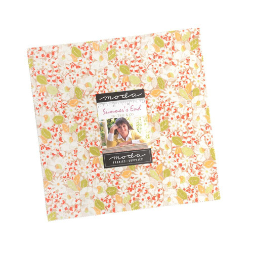 Moda Fabrics Summers End Fig Tree Co Layer Cake Ten Inch Squares, floral fabric layer cake with white, orange, green, and beige colors for quilting and sewing projects.