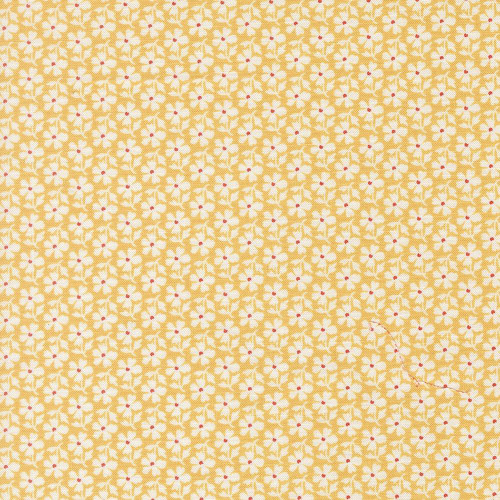 Moda Fabrics Summers End Fig Tree Co Sunflower Yellow Small Daisies Floral fabric, yellow fabric with white small daisies and red accents.