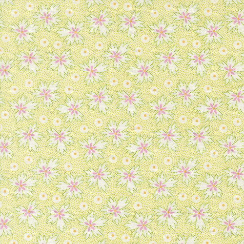 Moda Fabrics Summers End Fig Tree Co Sprout Green Geranium Leaves, fabric with a repeating pattern of pink and green geranium leaves and small yellow circles on a light green background.