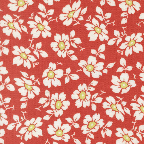 Moda Fabrics Summers End Fig Tree Co Persimmon Red Cosmos Florals, fabric with white cosmos flowers and green centers on a red background.