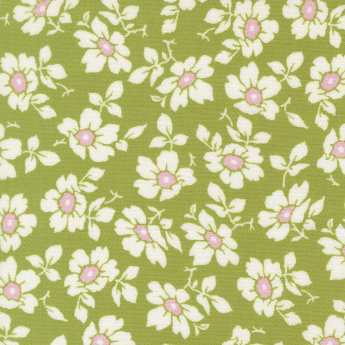 Moda Fabrics Summers End Fig Tree Co Clover Green Cosmos Florals, fabric pattern with white flowers with pink centers and green leaves on a light green background.