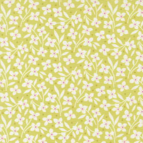 Moda Fabrics Summers End Fig Tree Co Sprout Green Forget Me Not Florals, fabric featuring a delicate floral pattern with white flowers and pink centers on a sprout green background.