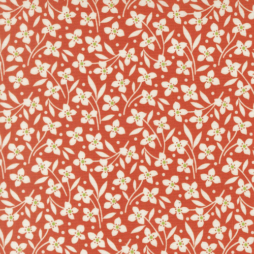 Moda Fabrics Summers End Fig Tree Co Persimmon Red Forget Me Not Florals, fabric with a floral pattern of white Forget Me Not flowers with green centers on a persimmon red background.