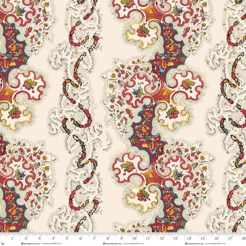 Henry Glass Fabrics Lost Gardens of Heligan Michelle Yeo Floral 108 Inch Wide Quilt Backing, intricate floral and vine pattern in red, yellow, teal, and black on a cream background with a measuring scale at the bottom.