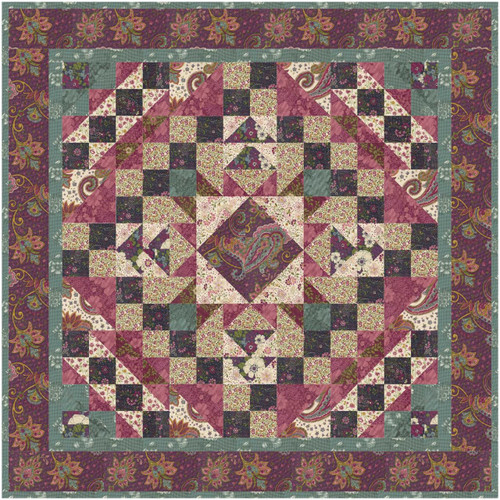 Moda Fabrics Chelsea Garden Treasure Trove Plum Quilt Kit, colorful quilt with intricate patchwork design featuring floral and paisley patterns in shades of plum, pink, and green.