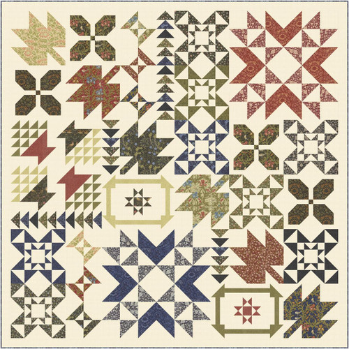 Moda Fabrics William Morris Muse Oh Happy Day Quilt Kit, quilt with various patchwork and floral patterns in red, green, navy, and black on a cream background.
