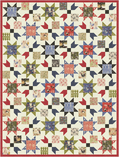 Moda Fabrics The Henhouse Gingiber Nora Quilt Kit, colorful quilt with star patterns, floral and farm animal designs, red, blue, black, and green colors, decorative border.