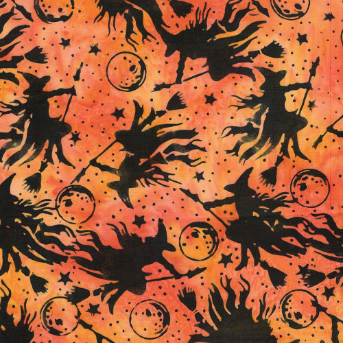 Lumin Fabrics Island Batik Boo Bash Witches Moons Stars Orange Marmalade