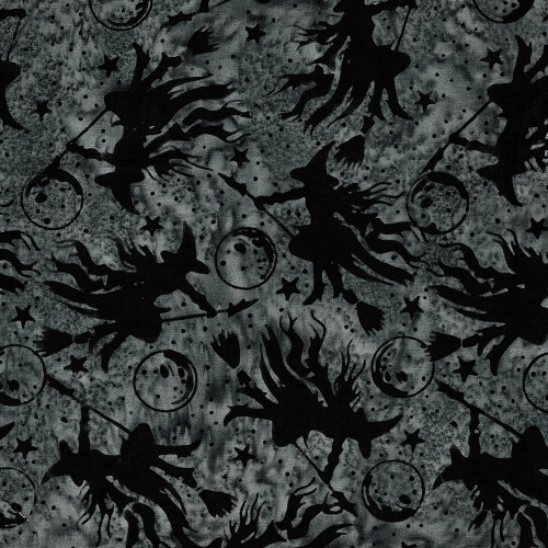 Lumin Fabrics Island Batik Boo Bash Witches Moons Stars Grey Tin