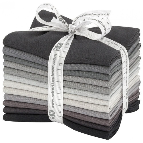 Robert Kaufman Fabrics Kona Cotton Pre Cuts 12 Fat Quarters Stormy Skies, bundle of assorted gray, black, and white fabric pieces wrapped with a white ribbon.