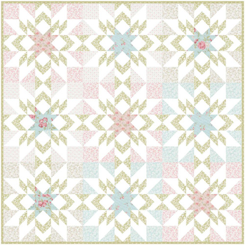 Moda Fabrics Abide Brenda Riddle Clara Quilt Kit, a quilt featuring pastel floral and geometric patterns with pink, blue, and green tones.