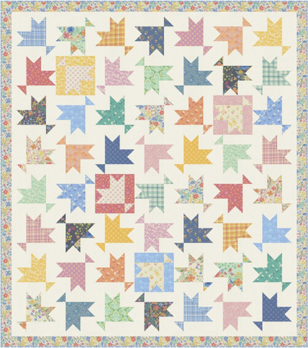 Moda Fabrics Cannon Beach Crystal Manning Goose Down Quilt Kit, colorful patchwork quilt featuring star and geometric patterns with a floral border.