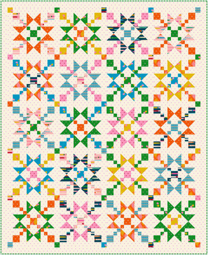 Moda Fabrics Ruby Star Society Melody Miller Scenic Waypoint Quilt Kit, colorful patchwork quilt featuring star patterns on a pink dotted background.
