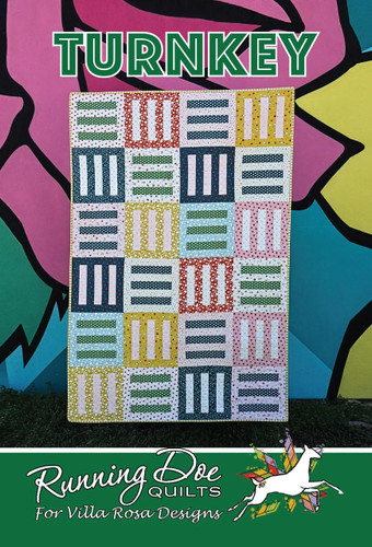Villa Rosa Designs Turnkey Quilt Pattern, colorful quilt pattern featuring multiple rectangular blocks arranged in rows, with a vibrant background and logo of Running Doe Quilts.