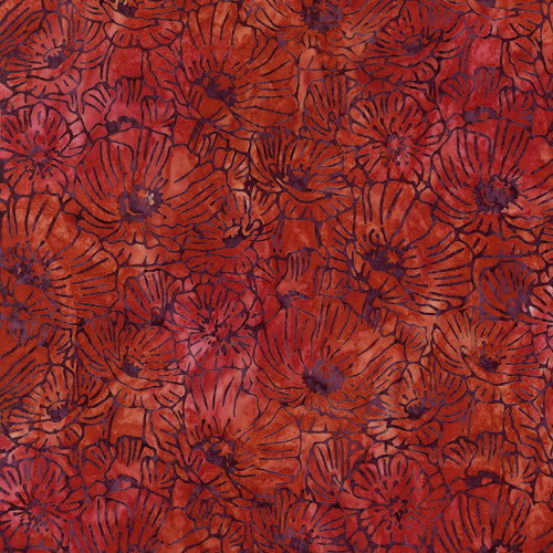 Riley Blake Fabrics Expressions Batiks Poppy Seeds Marmalade Splash Red Poppy Blooms, batik fabric with red and orange floral pattern featuring dark purple outlines of poppy flowers.